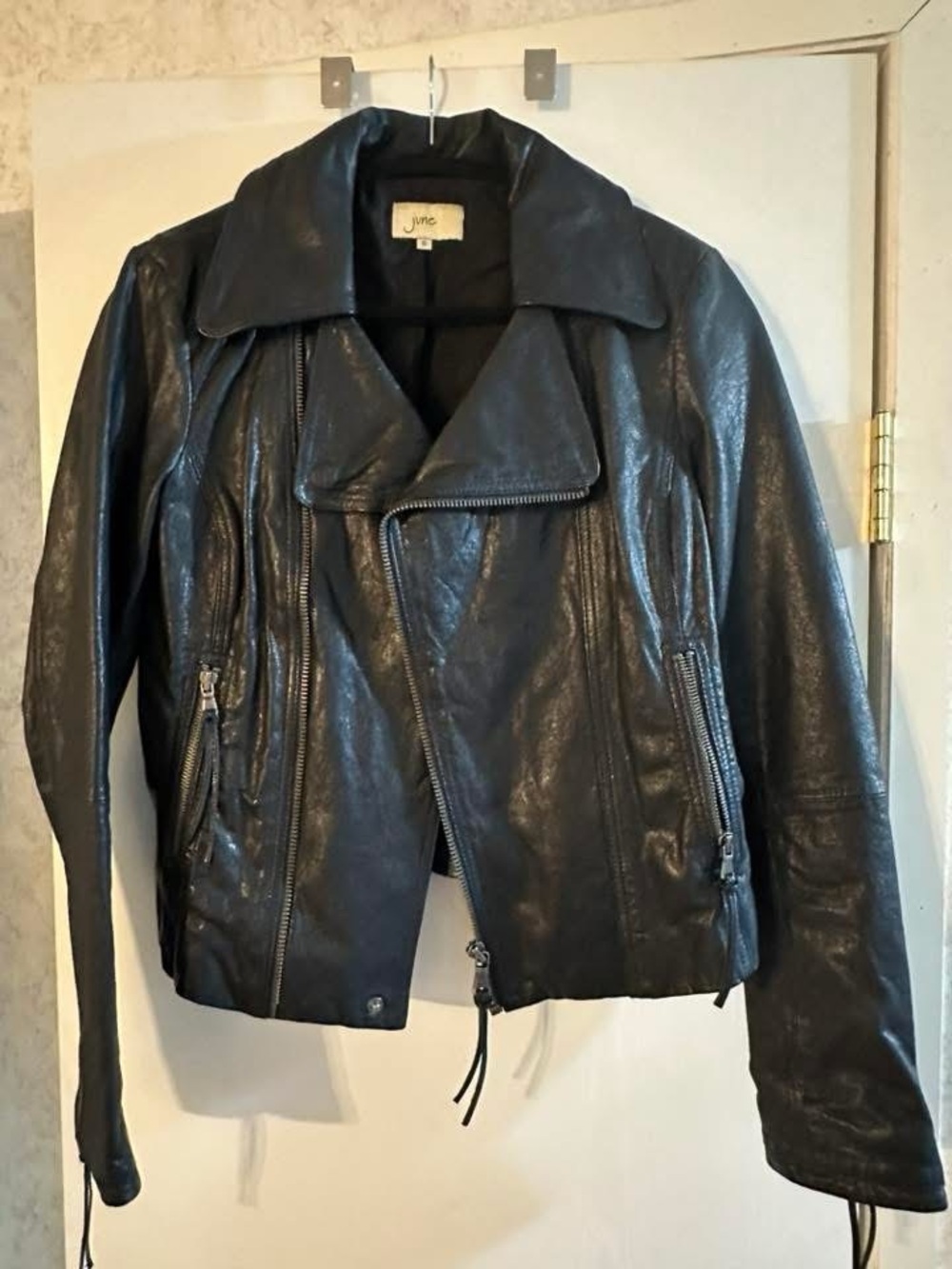 June Black Leather Moto Jacket with Zip Details